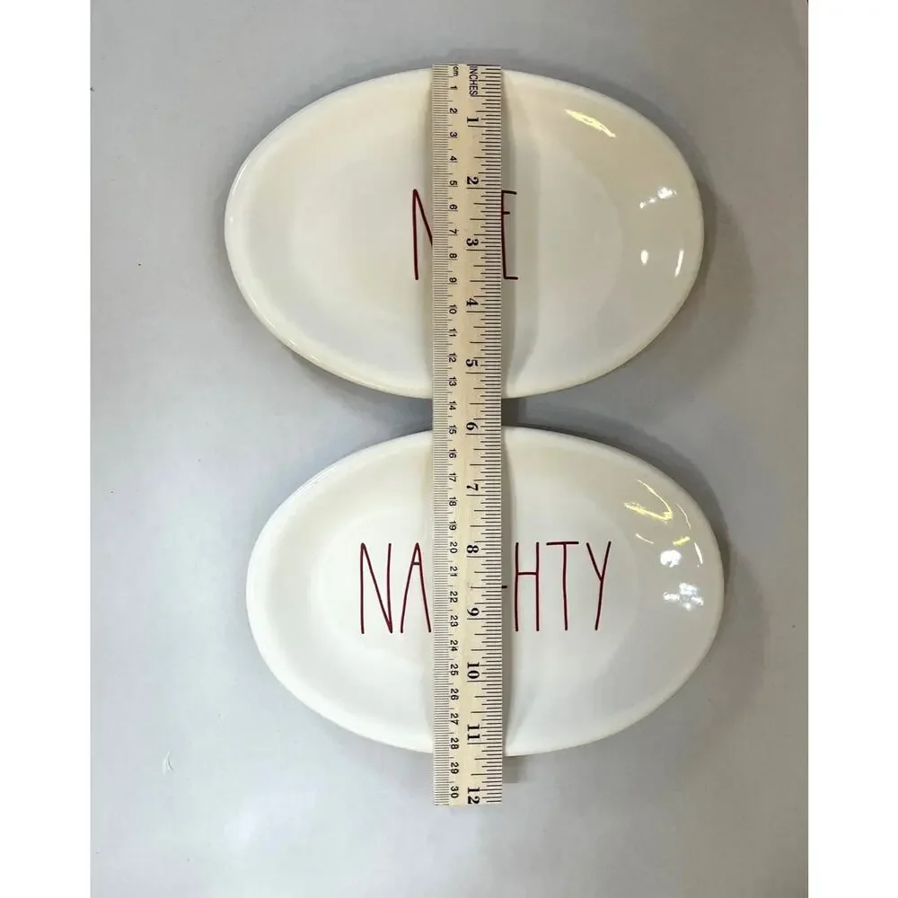 Rae Dunn Artisan Magenta NAUGHTY NICE 8” Oval Ceramic Plates Christmas Set Of 2